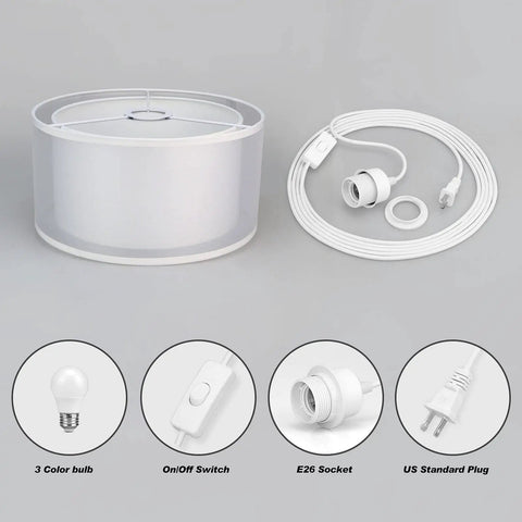 Plug In Pendant Light With 15 Foot White Cord And On Off Switch Double Linen Shade Fabric Design For Soft Warm Glow
