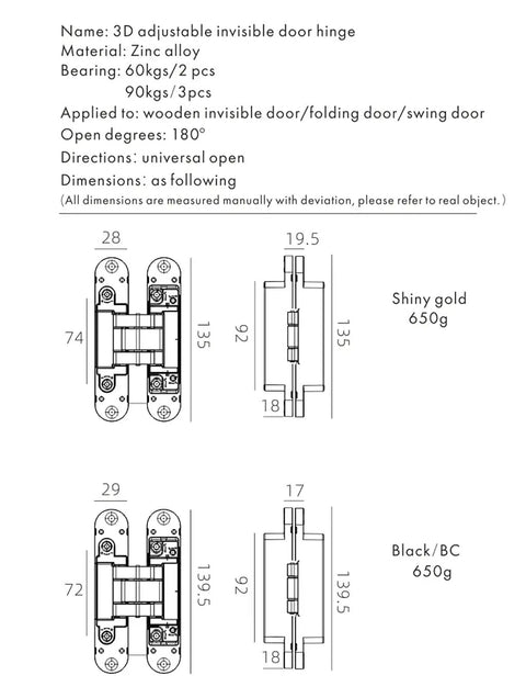 Diagram of Slick Invisible Door Hinges With 3D Adjustable Bearing Concealed Fixing Slow Close Zinc Alloy Butt Hinge dimensions