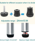 1 Inch Furniture Leveling Feet Set, showing adjustable components and assembled leveler, height range 21-23mm, non slip design