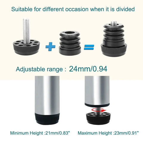 1 Inch Furniture Leveling Feet Set, showing adjustable components and assembled leveler, height range 21-23mm, non slip design