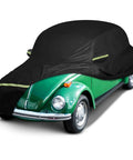 Heavy Duty Waterproof Car Cover For Your Classic Beetle Bug 1960 To 1980 2 Door Sedan Up To 167 Inches Long With 210T High Density Polyester Taffeta All Weather Outdoor Protection partially covering a classic green Beetle.