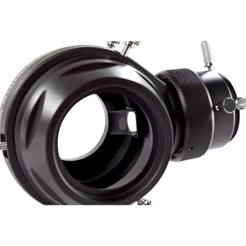 Close-up of Deluxe Off Axis Guider For Astrophotography With Fixed Orientation Helical Focuser showing metal build and 12.5mm prism.