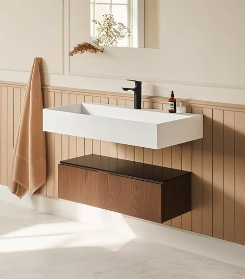 HAOCHRYSYPH Wall Mount Sink, Solid Surface, Matte White, 36 x 18 in. in modern bathroom setting with natural decor.