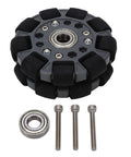 Front view of robot omniwheel tire, 100 mm drive wheel with gray hub and black roller segments; includes bearing and 3 screws.