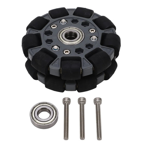 Front view of robot omniwheel tire, 100 mm drive wheel with gray hub and black roller segments; includes bearing and 3 screws.