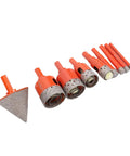 Premium 9pc Hole Saw Kit For Ceramic Tile Granite Marble Drilling 1/4 To 1-3/8 Inch Vacuum Brazed Chamfer Bit Snap Design With Cooling Sponge And Storage Box You Will Love. 9-piece orange diamond drill bits set on white background