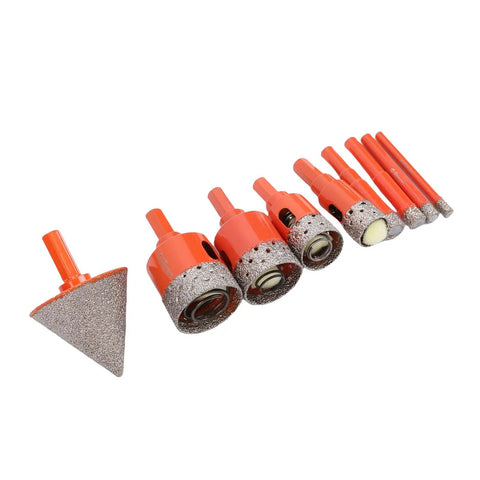 Premium 9pc Hole Saw Kit For Ceramic Tile Granite Marble Drilling 1/4 To 1-3/8 Inch Vacuum Brazed Chamfer Bit Snap Design With Cooling Sponge And Storage Box You Will Love. 9-piece orange diamond drill bits set on white background