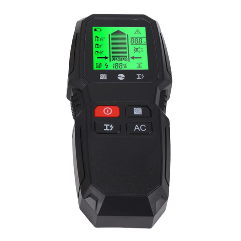 Jiawu Wall Scanner Detector 5 in 1 Accurate LCD Display Stud Finder for DIY Projects Home Use Black, front view with LCD screen and buttons.