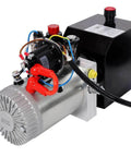Heavy Duty 12V DC Hydraulic Power Unit With Double Acting Motor And 3 Quart Steel Reservoir, close-up of components.