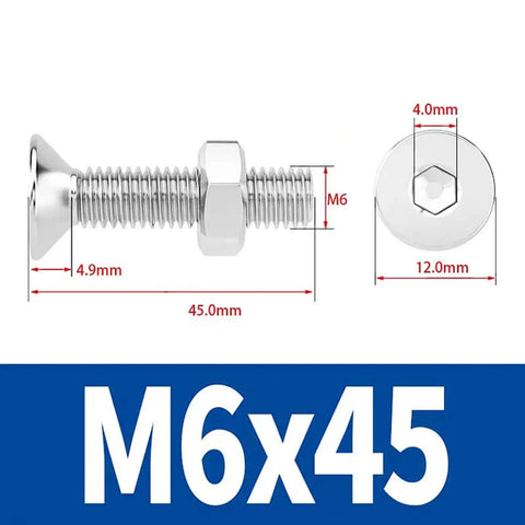 M6 Countersunk Hex Socket Head Screws And Nuts Kit, 40 Sets, 304 Stainless Steel Fasteners For Indoor Outdoor DIY Projects, Built To Last With Strong Threads, Smooth Finish, Easy To Tighten, M6x45 screw size diagram
