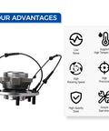 Rear Wheel Hub And Bearing Assembly Easy Install Drop In Fit For 2005 To 2012 Nissan Armada, 2004 Pathfinder Armada, And 2004 To 2010 Infiniti QX56 With ABS Replacement next to feature icons showing benefits like low noise, high temperature support, high rotation speed, precision, quality steel, and simple operation.