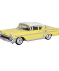 1958 Chevy Impala Sport Diecast Model Car 1/87 HO Scale Colonial Cream With Snowcrest White Top Real Rubber Tires Highly Detailed Collectible For Auto Enthusiasts And Hobbyists, front view