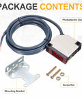 Through Beam Photoelectric Sensor Set 2 Pack 0 to 10 Meters Detection Range 12 to 240V DC and 24 to 240V AC NPN PNP NC NO Outputs White Bracket Included Industrial Workhorse for Conveyor and Automation shown with cable, bracket, and screws