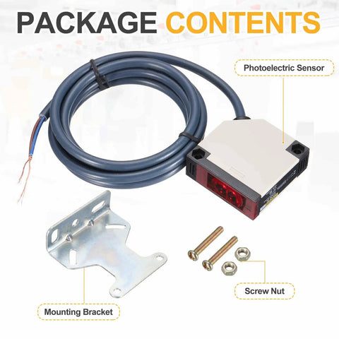 Through Beam Photoelectric Sensor Set 2 Pack 0 to 10 Meters Detection Range 12 to 240V DC and 24 to 240V AC NPN PNP NC NO Outputs White Bracket Included Industrial Workhorse for Conveyor and Automation shown with cable, bracket, and screws