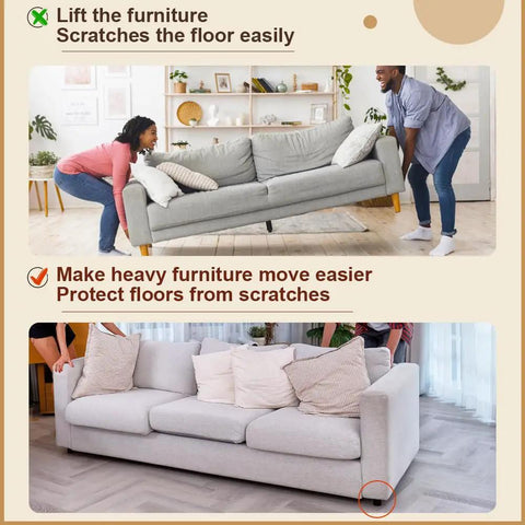 Furniture Sliders With Screws, 20 Pack Teflon Glides For Carpet, Tile And Hardwood Floors, shown moving a gray sofa