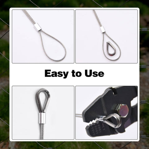 Pro Grade Heavy Duty Wire Rope Crimping Tool Kit With 328 Feet Of One Sixteenth Inch Stainless Steel Cable shown in use.