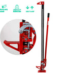 Red 60-inch ratcheting farm jack for trucks, tractors, and SUVs; heavy-duty steel, 3-ton capacity