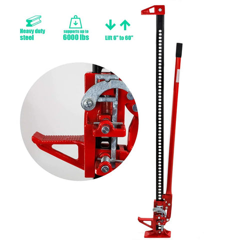 Red 60-inch ratcheting farm jack for trucks, tractors, and SUVs; heavy-duty steel, 3-ton capacity