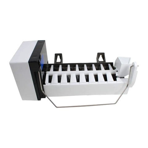 Effortless Refrigerator Ice Maker Replacement For PS2121513 Durable High Quality Unit With Easy At Home Installation And Long Lasting Performance That Fits Many Refrigerator Models To Save Money And Downtime For Busy Kitchens. Side view of white plastic refrigerator ice maker with metal arm