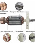 Components of Rugged 1080W Magnetic Drill Press With 16mm Bore, including copper coil, commutator, and gear shaft.