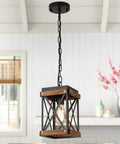 Awesome Oak Wood And Matte Black Farmhouse Pendant Light With 59 Inch Adjustable Chain and Killer Style Easy Hang Single Cage Fixture hanging in kitchen.