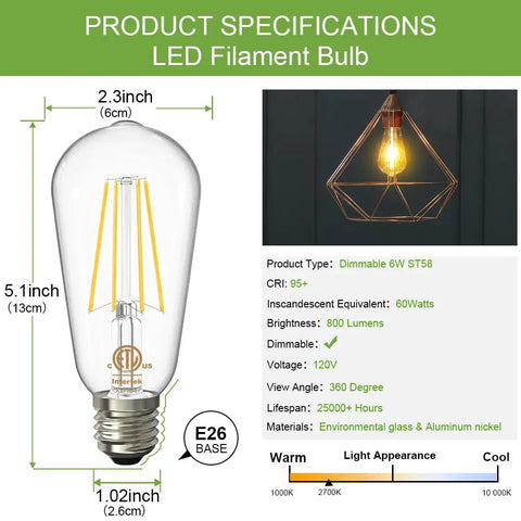 Product specifications of Rad Retro Vintage Dimmable LED Edison Bulbs 60W Equivalent Warm White 2700K 800LM E26 Base ETL Listed ST58 Filament Antique LED Light Bulbs For Indoor And Outdoor Clear Glass 8 Pack shown with dimensions and lighting example.