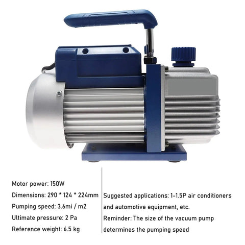 Built Tough Single Stage Rotary Vane Vacuum Pump Delivers Knockout Performance For AC Techs showing side view and specifications.