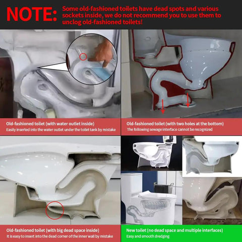 Diagram showing differences between old and new toilet designs affecting 50 Inch Toilet Auger Drain Cleaner Tool With Upgraded Grabber.