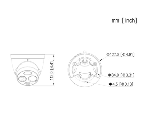 Technical drawing of Thermal And Visible Dual Channel Mini Turret AI IP Camera With Temperature Measurement, dimensions labeled