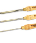 Pro Grade Three Piece Spindle Gouge Set For Woodturning Built Tough For Heavy Duty Cuts With Rock Solid Beech Handles features.