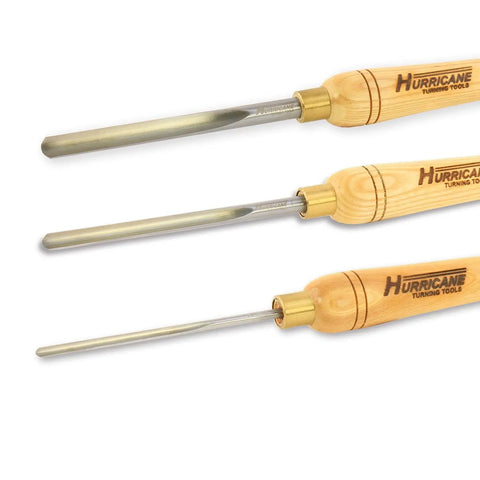 Pro Grade Three Piece Spindle Gouge Set For Woodturning Built Tough For Heavy Duty Cuts With Rock Solid Beech Handles features.