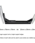 20mm x 78mm x 78mm black aluminum T slot corner bracket comparison with 20mm x 28mm x 28mm for 20x20 profiles
