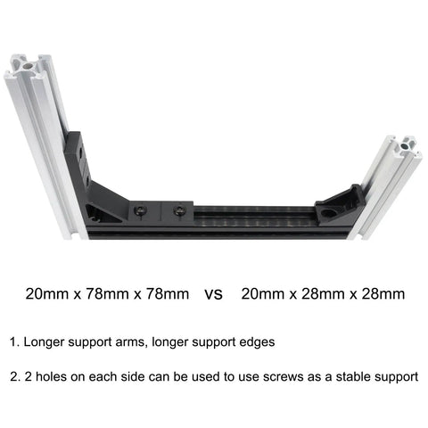 20mm x 78mm x 78mm black aluminum T slot corner bracket comparison with 20mm x 28mm x 28mm for 20x20 profiles