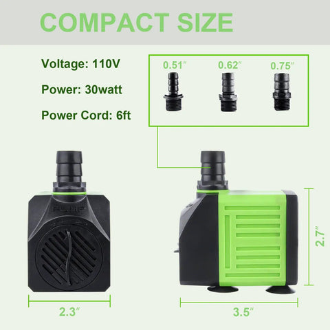 Dimensions and specifications of Powerhouse Submersible Fountain Pump 550GPH 30W Ultra Quiet Small Pond Pump for aquariums.