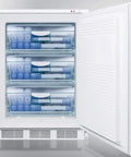 Smart Compact Stainless Steel Upright Freezer With Badass Factory Lock And Slick Horizontal Bar Built For Tight Spaces Offering Hella Simple Seamless Cleanup And Serious Negative Twenty Five Degree Chill For Delicate Frozen Goods And Meds with open door showcasing clear bins.