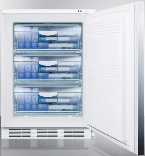 Smart Compact Stainless Steel Upright Freezer With Badass Factory Lock And Slick Horizontal Bar Built For Tight Spaces Offering Hella Simple Seamless Cleanup And Serious Negative Twenty Five Degree Chill For Delicate Frozen Goods And Meds with open door showcasing clear bins.