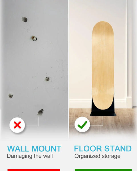 Comparison of wall mount damage vs. Dope Portable Skateboard Floor Stand With Dual View Display Show Front Or Back, black stand utilizes floor space.