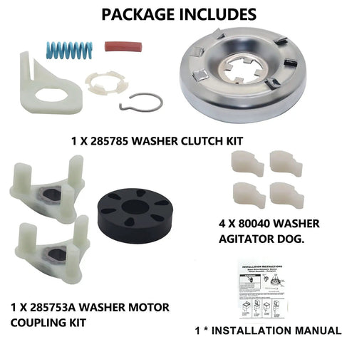 Beefed Up 285785 Washer Clutch Kit With 285753A Motor Coupling Kit And 4x 80040 Agitator Dogs For Whirlpool Kenmore Washers Direct Replacement Replaces 285331 3351342 3946794 3951311 AP3094537, clutch parts laid out