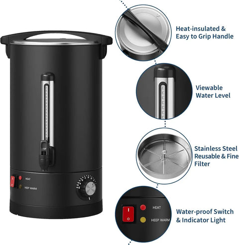 Heavy Duty Stainless Steel Coffee Urn Holds 120 Cups Keeps Your Crew Piping Hot With Double Wall Insulation, features heat-insulated handle.