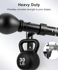 Heavy Duty Black Curtain Rod Set For Windows 45 To 48 Inches With Matte Black Lamp Style Finials holding 30 lb weight