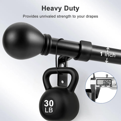 Heavy Duty Black Curtain Rod Set For Windows 45 To 48 Inches With Matte Black Lamp Style Finials holding 30 lb weight