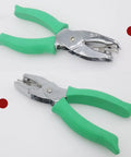 Handheld Round Hole Punch 3mm Circle Punch for craft paper and office use, metal punch with green grips and hinged chip tray.