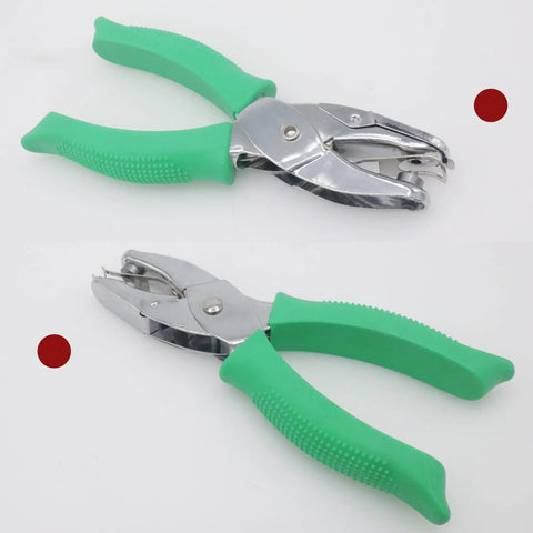 Handheld Round Hole Punch 3mm Circle Punch for craft paper and office use, metal punch with green grips and hinged chip tray.