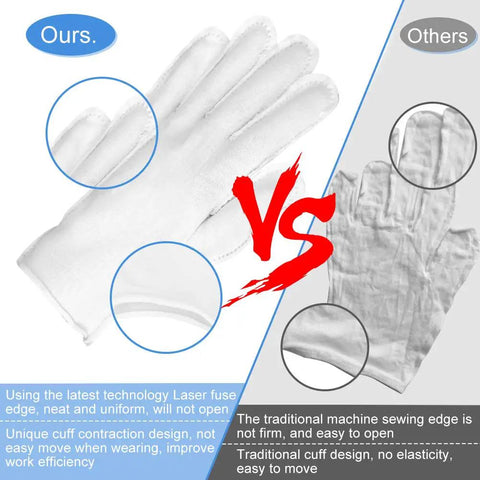 Comparison of thickened white cotton gloves set 10 pairs for dry hands with highlighted cuff and seam differences