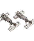 Twenty Five Millimeter Soft Close Hydraulic Buffer Dampers Two Pack For Kitchen Cupboard Doors, stainless steel hinges shown.