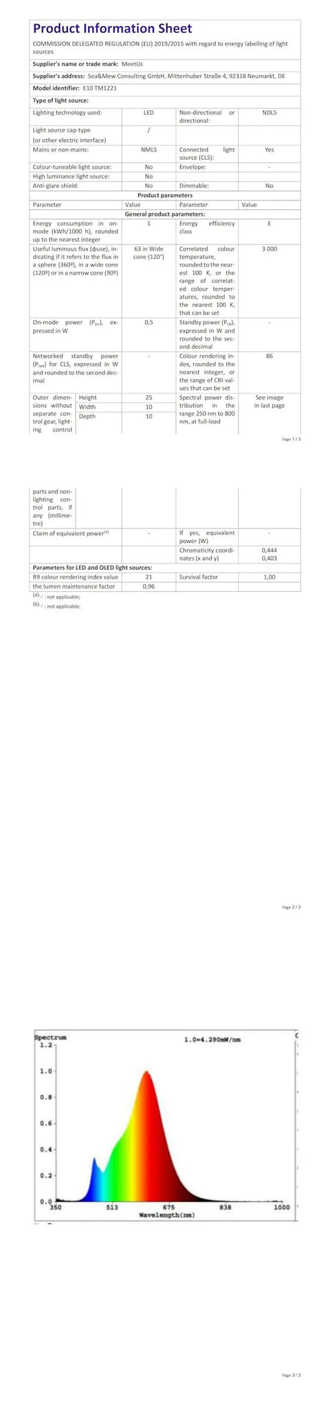 Product information sheet detailing specifications for Snag This Slick Ten Pack Of E10 3.8v Warm White Miniature Screw Base Bulbs.