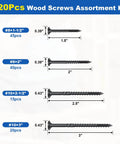Deck Screws Kit With 120 Piece Wood Screws Assortment In Four Sizes From One And A Half Inches To Three Inches, Rust Resistant Torx Star Bit Flat Head Black Finish For Woodworking Projects On The Go displayed with size details