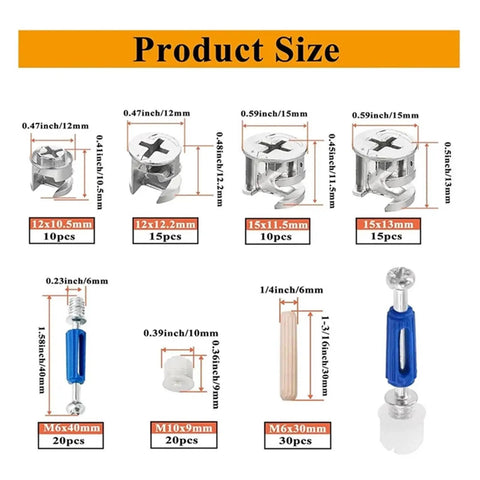 Product size details for Cam Lock Fasteners 2 Set For Cabinet And Wardrobe Repair Kit with nuts and dowels