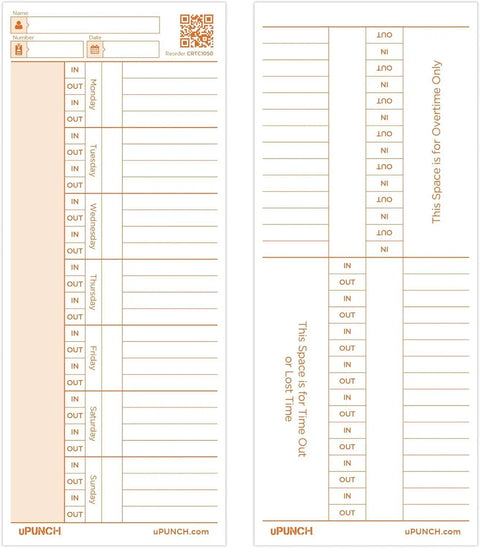 Built Like A Tank Heavy Duty 100 Pack Time Cards For CR1000 Digital Time Clock double sided showing time tracking columns.