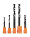 Precision Professional Grade Heavy Duty 2 Flute Compression Spiral Carbide Router Bit Cuts Slick As Glass On Plywood And Mdf Zero Tear Out And Delivers Sharp Edge Cleanup, five sizes displayed.